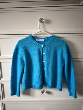 Zara Bright Turquoise Button-Front Knit Cardigan